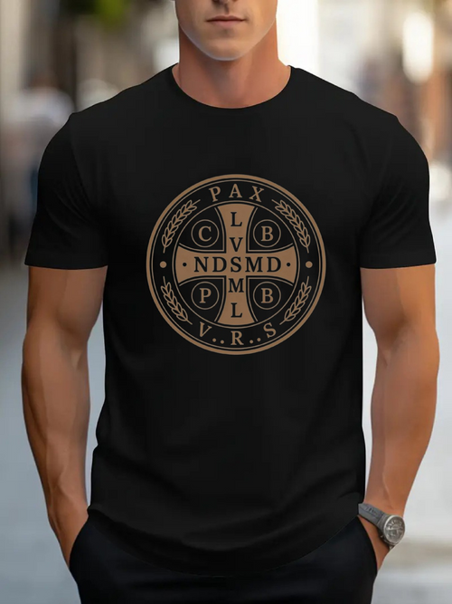 Men's Graphic T-Shirt Gold Engraved Religious Letters Symbol On Black Classic Tee