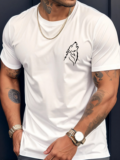 Men's Graphic T-Shirt Minimalist Lone Wolf Outline Howling At The Moon Amid White Silence Wolf