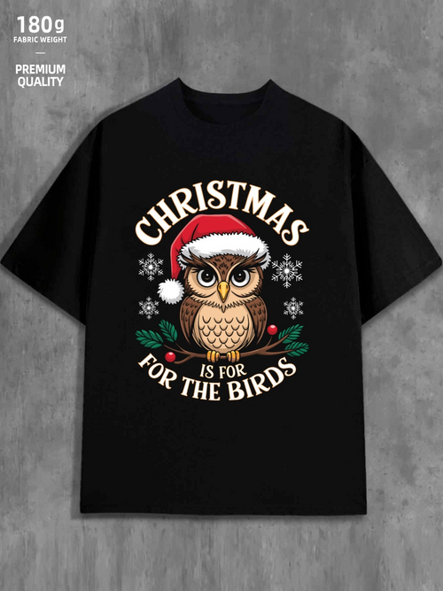 Men's Graphic T-Shirt Christmas Is For The Birds Festive Snowy Night With Santa Hat Owl