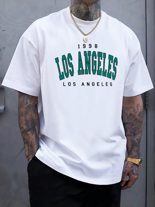 Men's Graphic T-Shirt Los Angeles Vintage Green Letters On Classic White Casual T Shirt