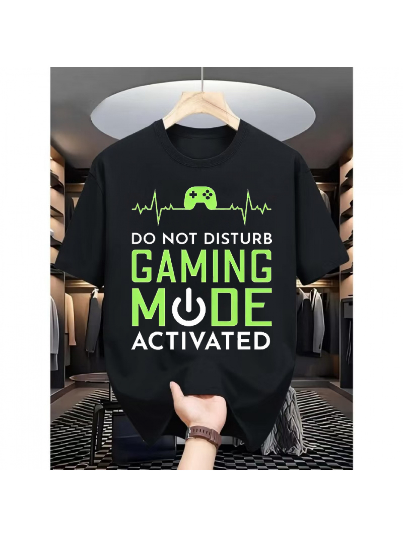 Men's Graphic T-Shirt Do Not Disturb Gaming Mode Activated Green Controller Icon Tee