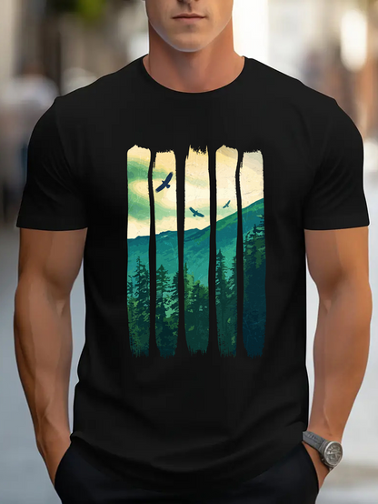 Men's Graphic T-Shirt Soaring Birds Over Misty Pine Forest Mountainside At Sunrise