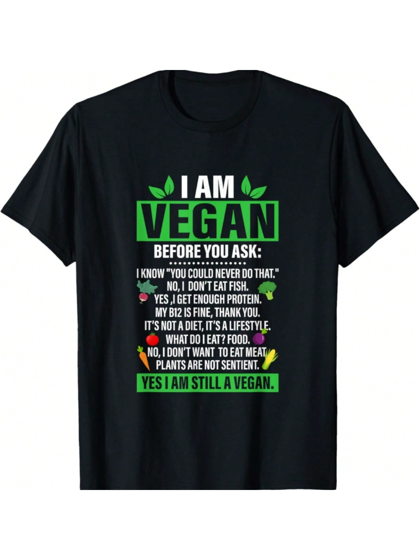 Men's Graphic T-Shirt I Am Vegan Colorful Lettering With Leaf Icons Black T Shirt