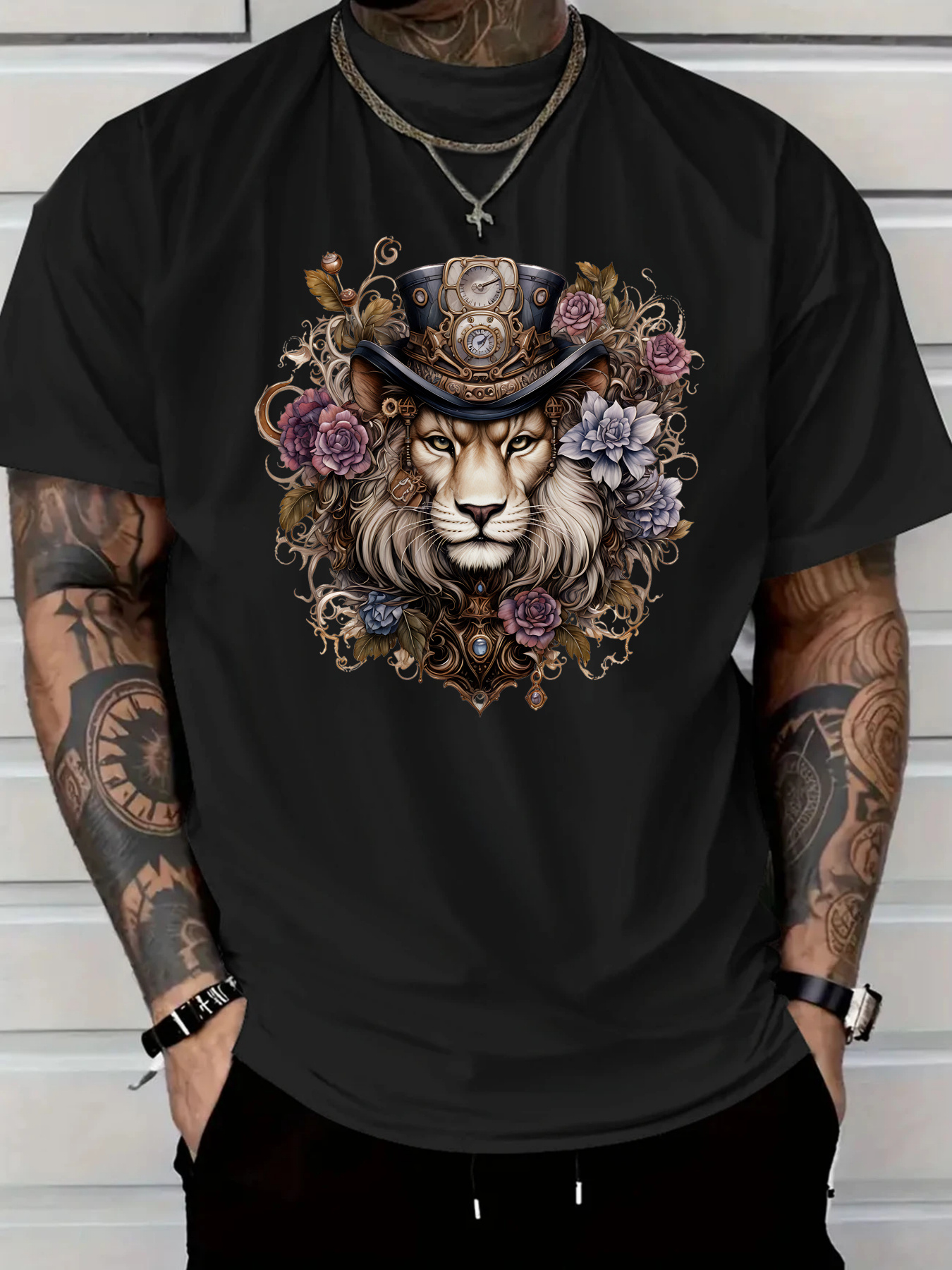 Men's Graphic T-Shirt Victorian Flowers And Clockwork Gears Surrounding A Regal Lion