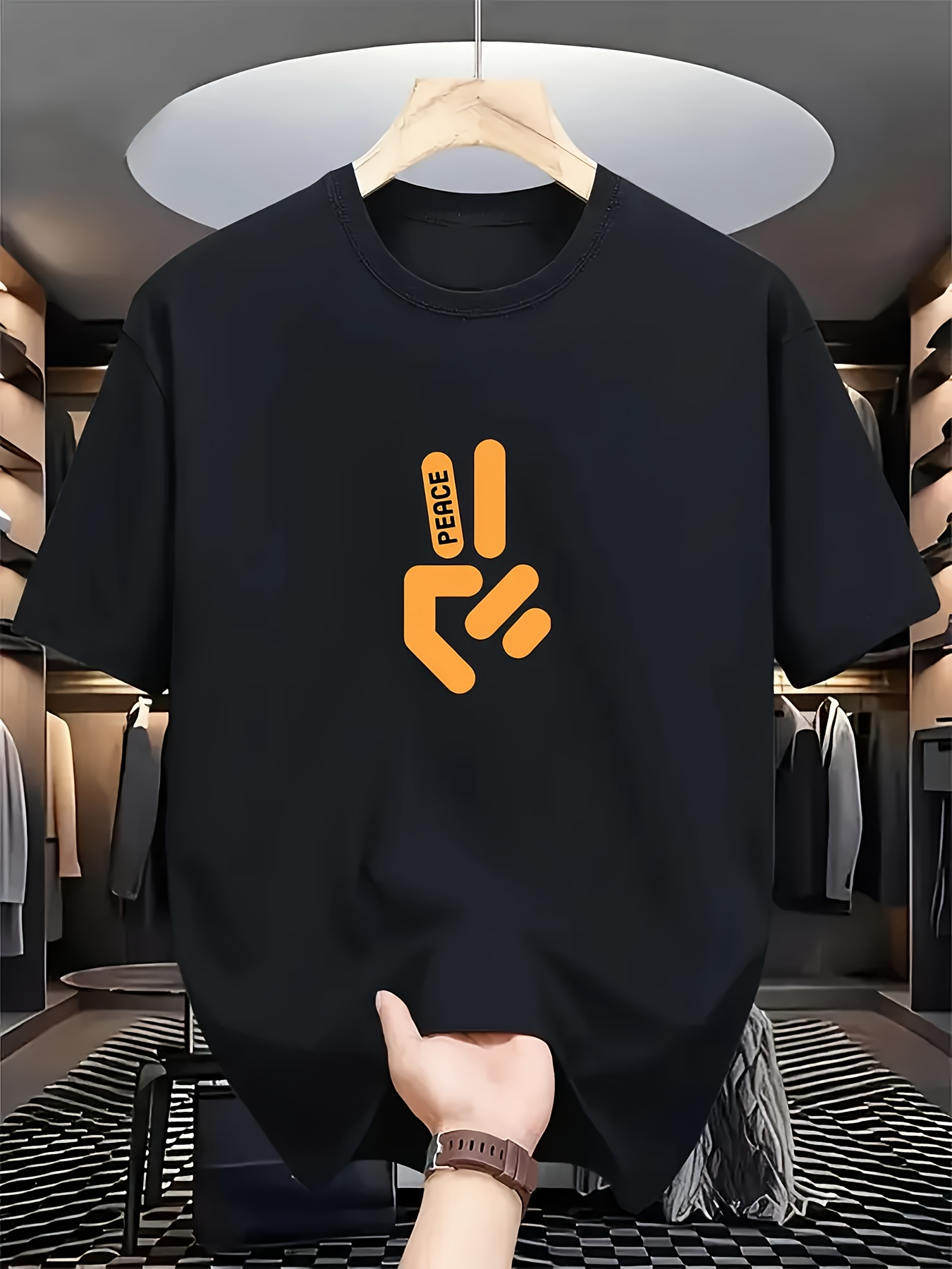 Men's Graphic T-Shirt Peace Hand Gesture With Bold Orange Graphic Center Symbol