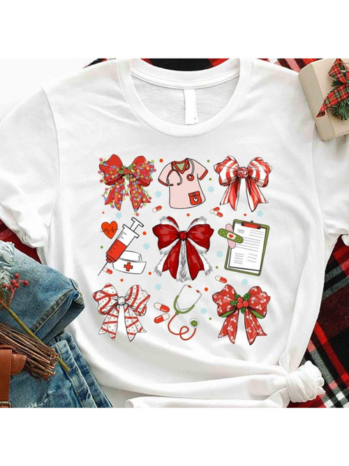 Men's Graphic T-Shirt Christmas Ribbons And Medical Supplies With Holiday Red Bows