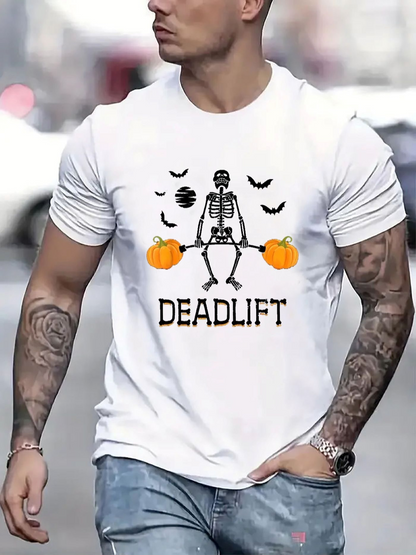 Men's Graphic T-Shirt Deadlift Halloween Skeleton With Pumpkins And Flying Black Bats