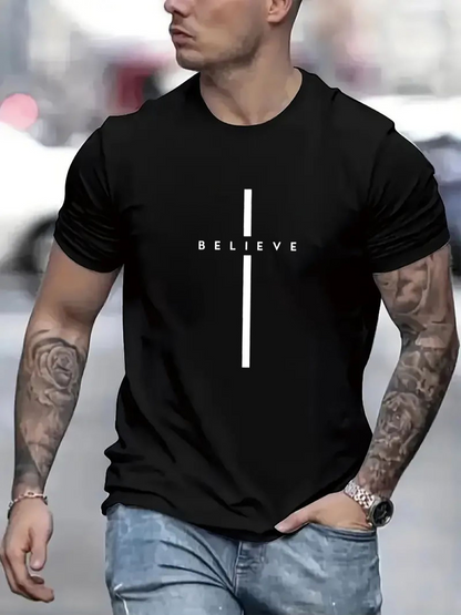 Men's Graphic T-Shirt Believe Minimalist White Vertical Line With Bold Lettering Graphic