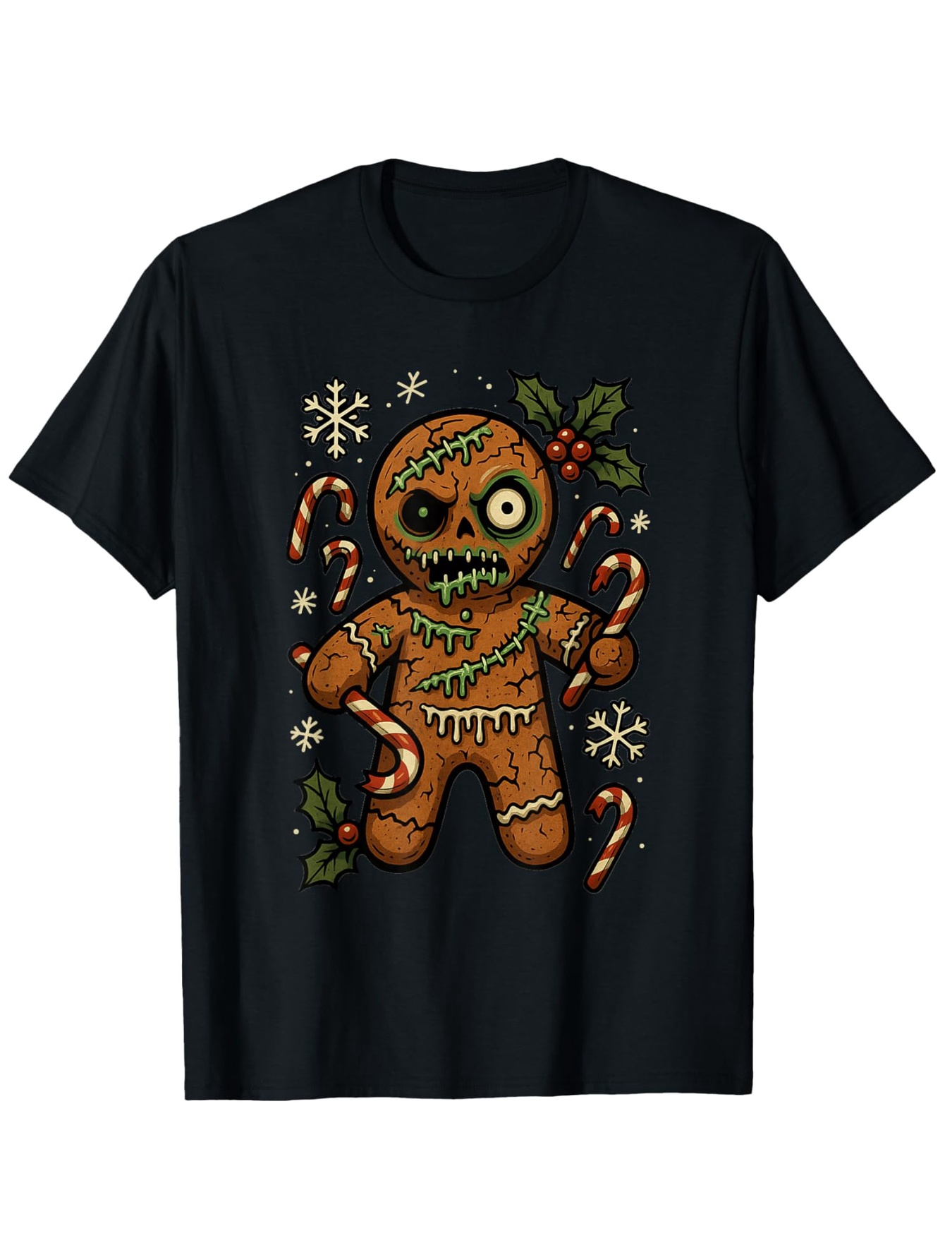 Men's Graphic T-Shirt Stitched Pattern Festive Candy Cane Gingerbread Cookie