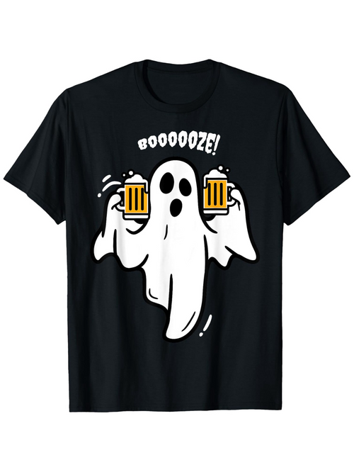Men's Graphic T-Shirt Boooooze Floating Ghost Holding Two Mugs Of Frothy Beer