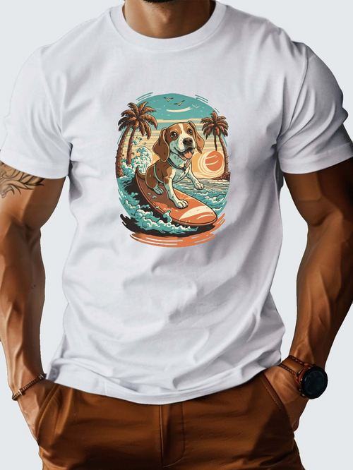 Men's Graphic T-Shirt Retro Ocean Scene With Surfboard Swimming Dog And Palm Trees