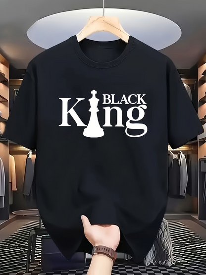 Men's Graphic T-Shirt Black King Chess Piece With Elegant Contrasting Lettering Centered