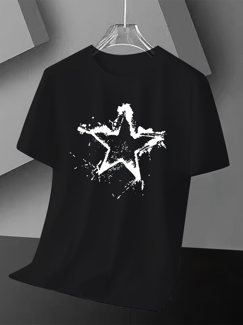 Men's Graphic T-Shirt Splatter Painted White Abstract Star With Black Inked Edge Star