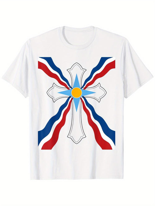 Women's Graphic T-Shirt Shining Light With Radiating Red And Blue Lines Surrounding White Cross