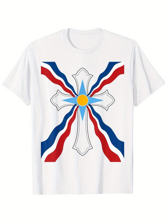 Women's Graphic T-Shirt Shining Light With Radiating Red And Blue Lines Surrounding White Cross