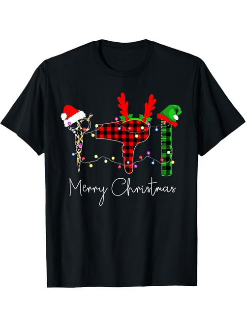 Men's Graphic T-Shirt Merry Christmas Plaid Reindeer With Holiday Lights Decorations Shirt