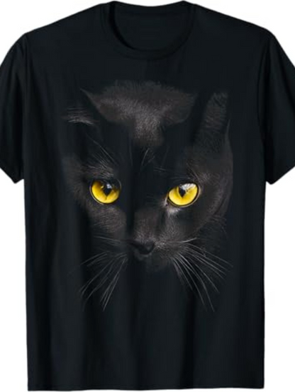 Men's Graphic T-Shirt Shimmering Yellow Eyes Gaze In Shadows With Sleek Fur Black Cat