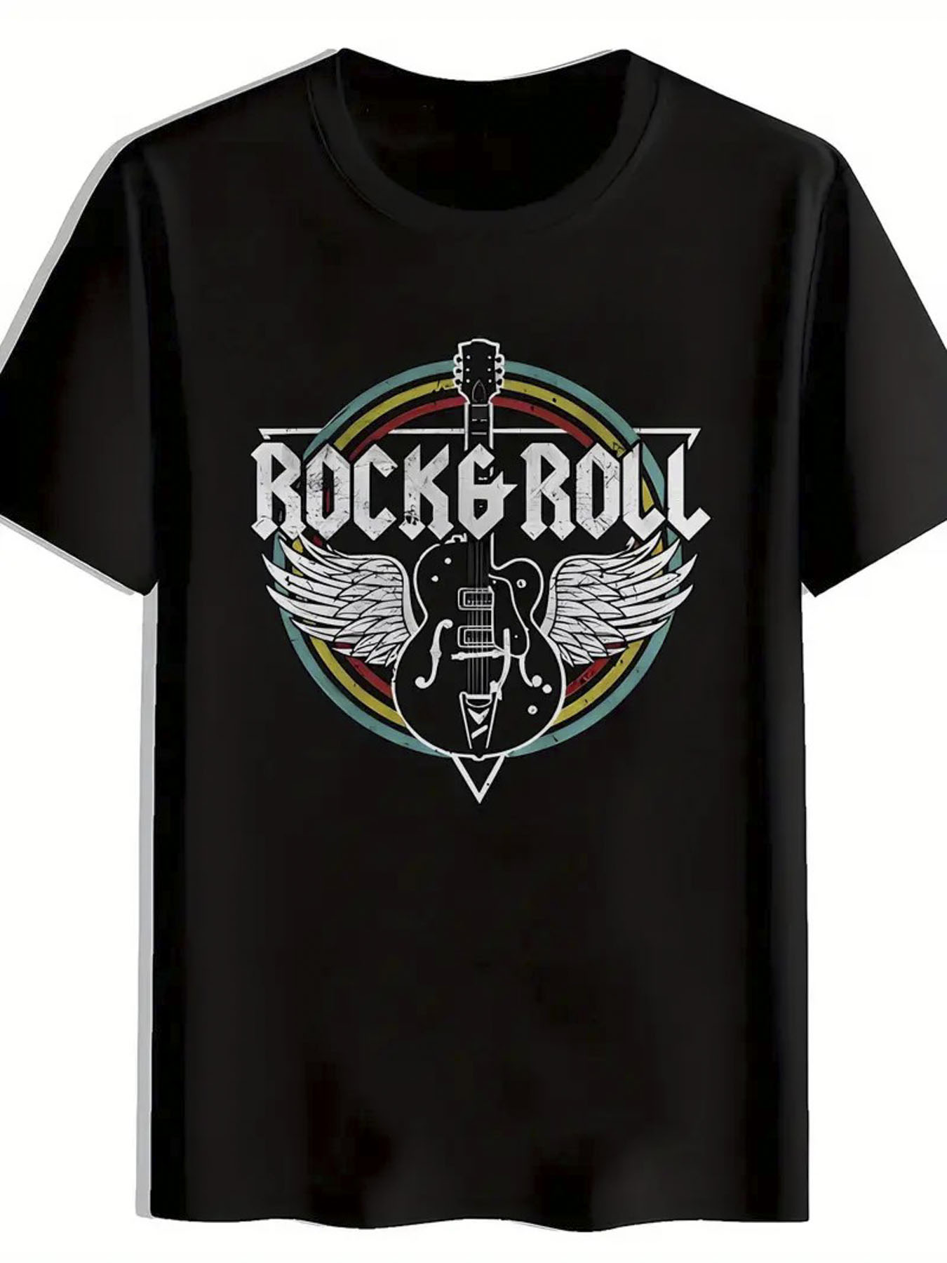 Men's Graphic T-Shirt Rock Roll Electric Guitar With Wings Surrounded By Colorful Circle