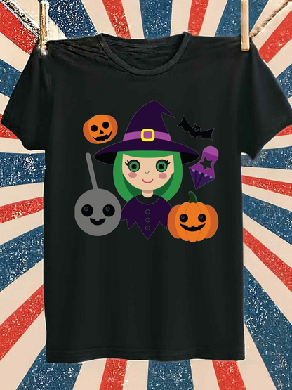 Men's Graphic T-Shirt Halloween Night With Smiling Pumpkins And A Cute Little Witch
