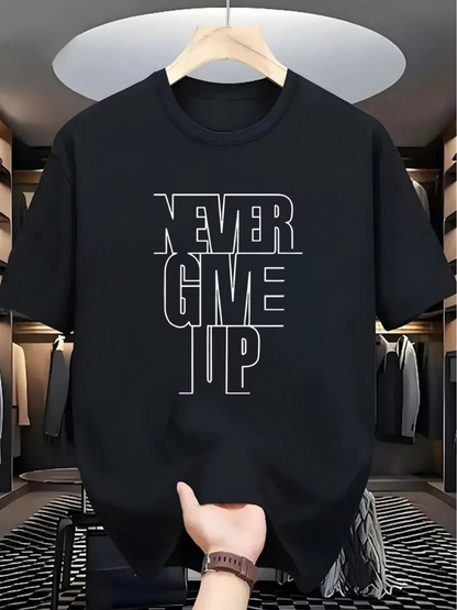 Men's Graphic T-Shirt Never Give Up Bold Outline Letters On Minimalist Black T Shirt