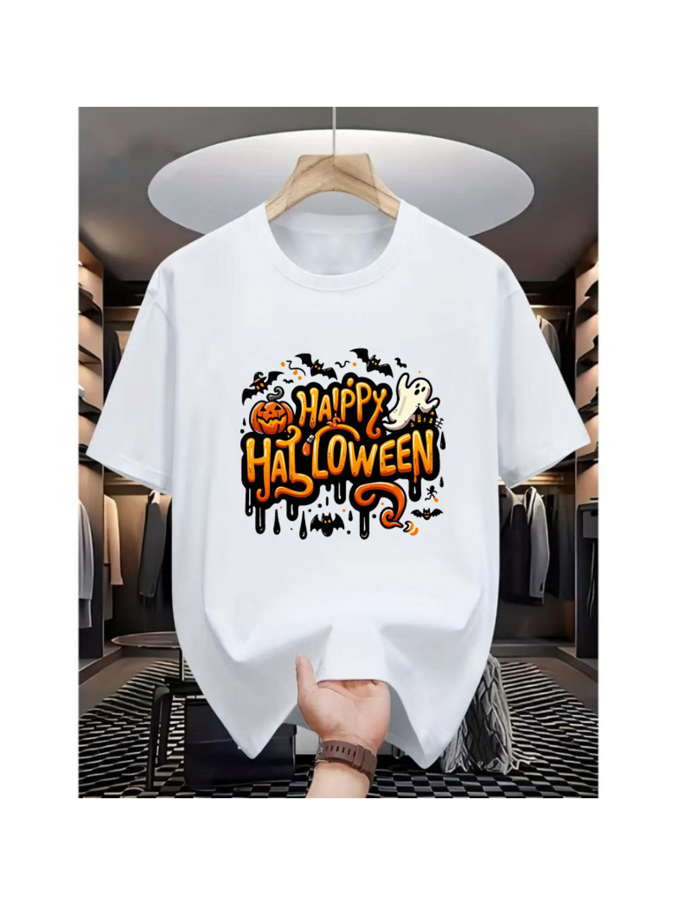 Men's Graphic T-Shirt Happy Halloween With Dripping Orange Letters Bats And Pumpkin Halloween