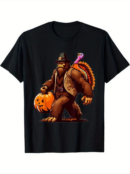 Men's Graphic T-Shirt Bigfoot With Pumpkin Lantern And Colorful Turkey Companion