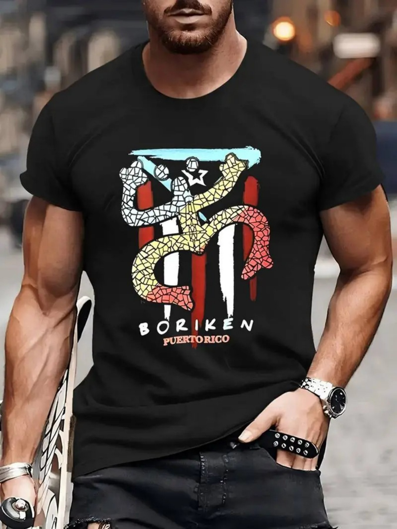 Men's Graphic T-Shirt Boriken Puerto Rico Mosaic Patterned Abstract Heritage Symbol