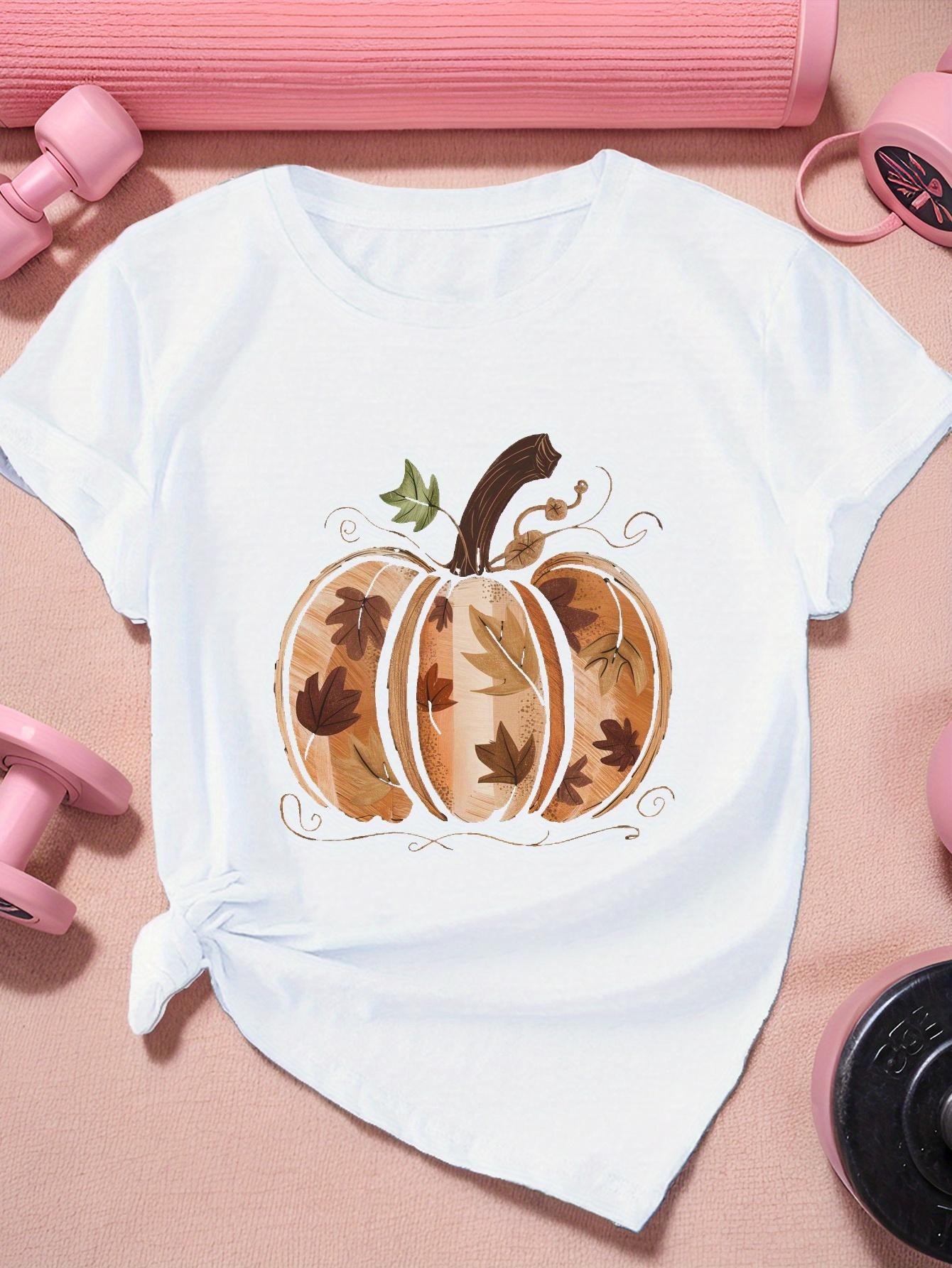 Women's Graphic T-Shirt Autumn Leaves Surrounding Rustic Whimsical Painted Pumpkin