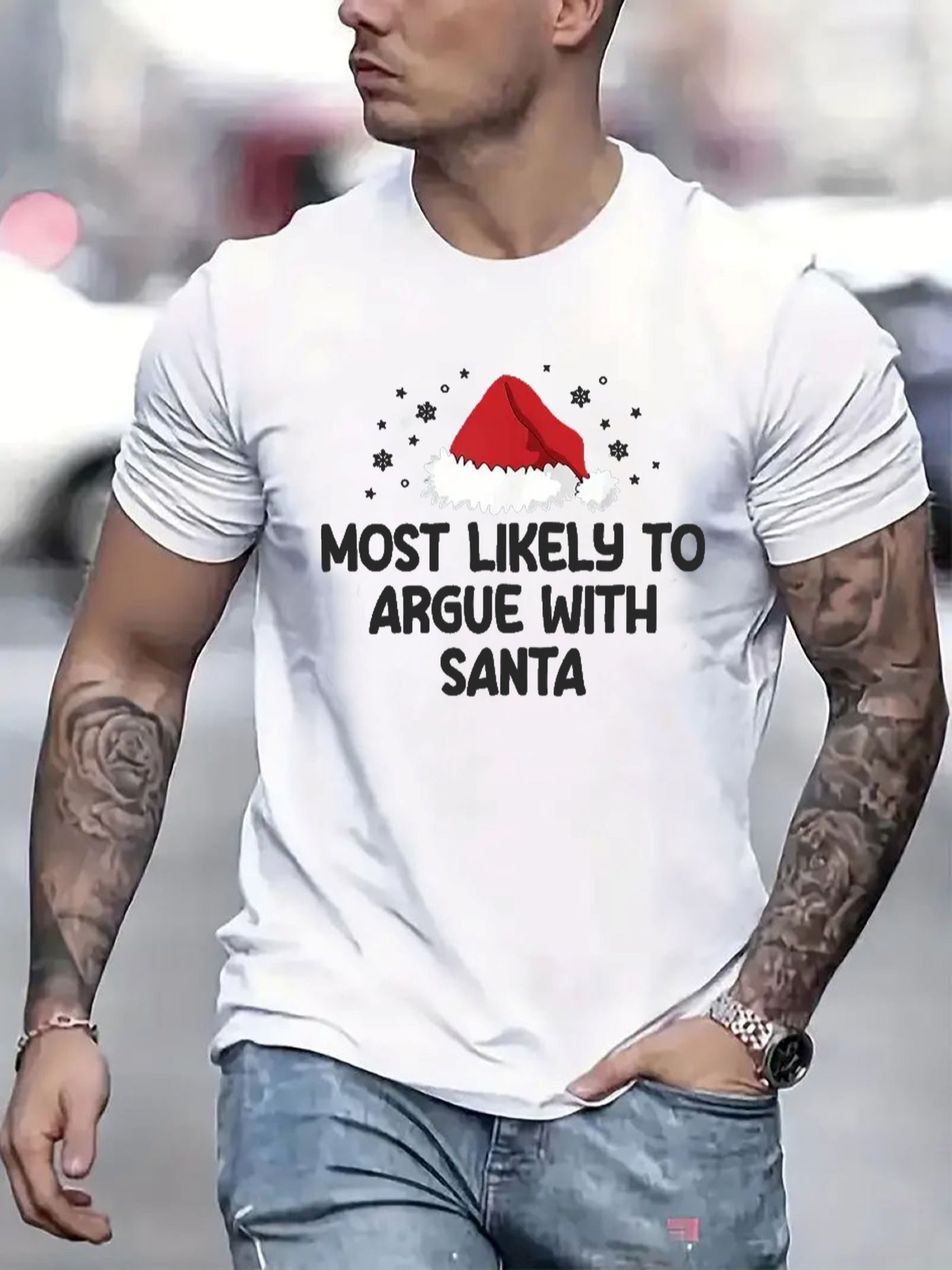 Men's Graphic T-Shirt Most Likely To Argue With Santa Red Hat Surrounded By Tiny Black Stars Santa Hat
