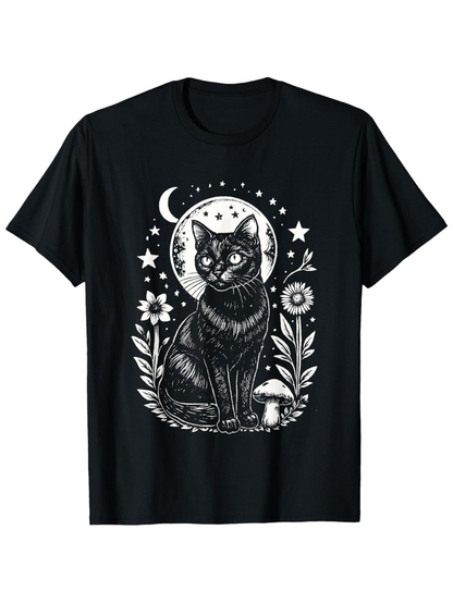 Men's Graphic T-Shirt Enchanted Garden Under Moon With Stars Botanical Black Cat