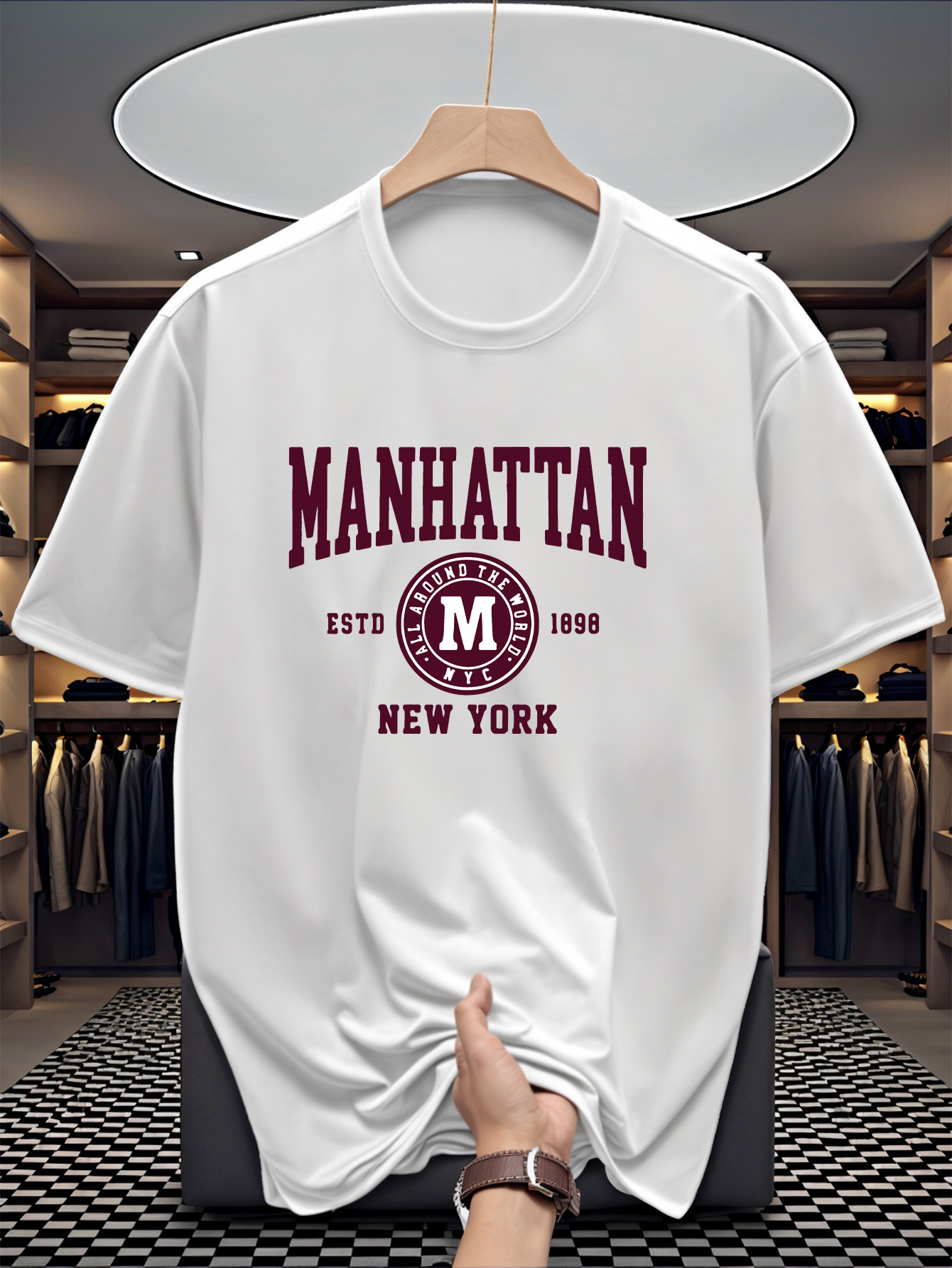 Men's Graphic T-Shirt Vintage Collegiate Emblem With Manhattan Lettering And Urban New York Street