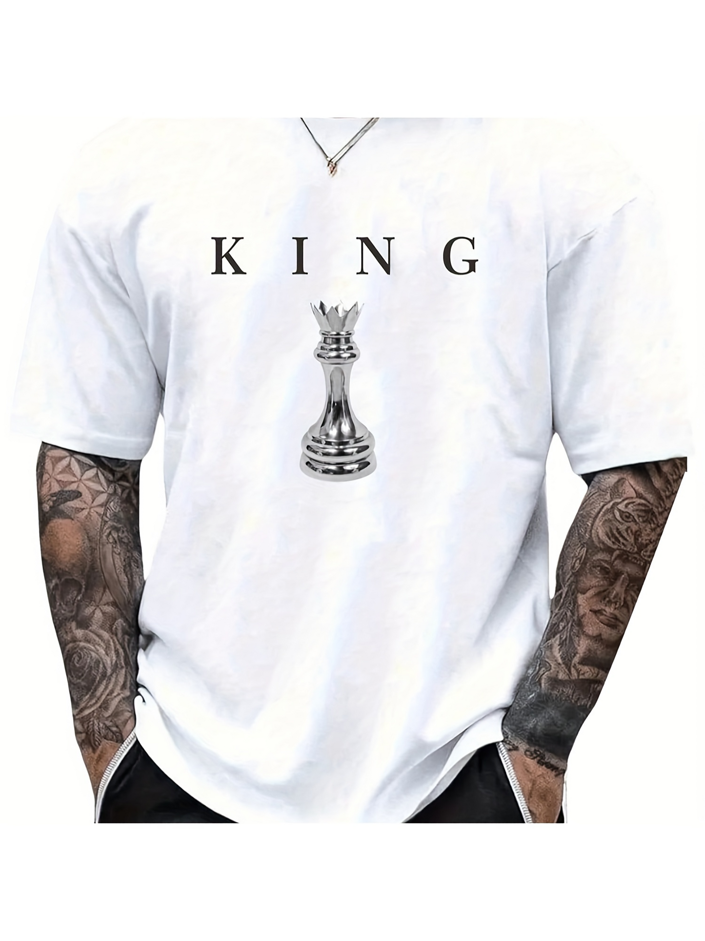 Men's Graphic T-Shirt King With Bold Black Lettering And Classic Chess Piece Design