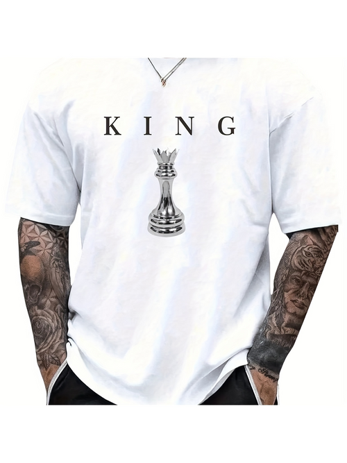 Men's Graphic T-Shirt King With Bold Black Lettering And Classic Chess Piece Design