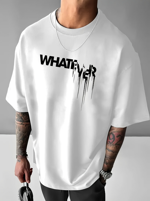 Men's Graphic T-Shirt Whatever Black Artistic Streaked Letters Dripping Down White Fabric Shirt
