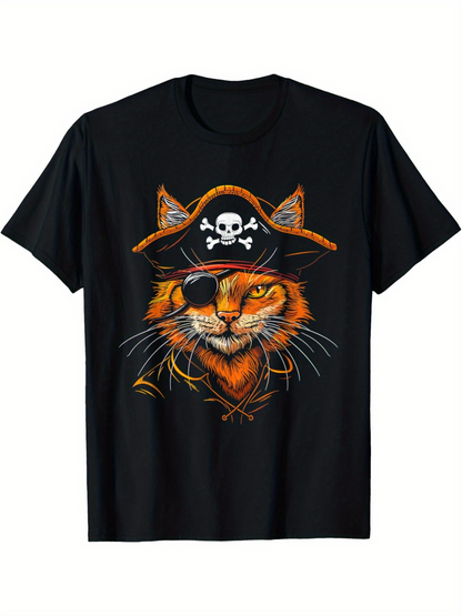 Men's Graphic T-Shirt Fierce Tiger Wearing Pirate Hat With Eyepatch And Crossbones Eyes