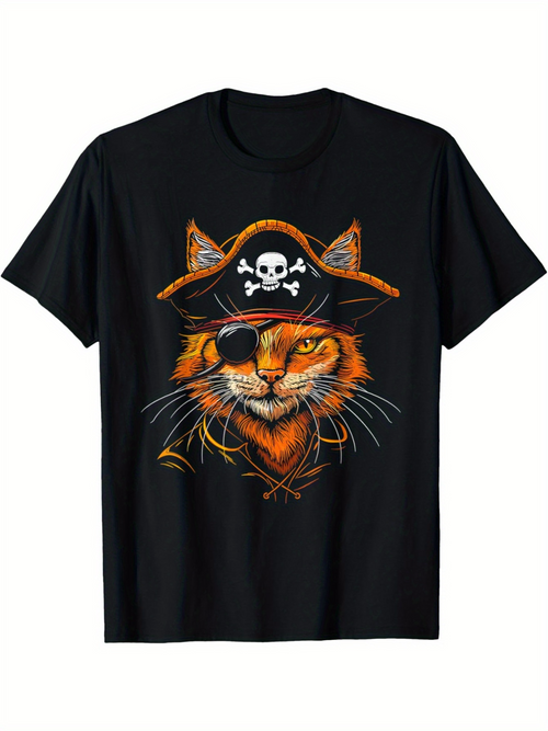 Men's Graphic T-Shirt Fierce Tiger Wearing Pirate Hat With Eyepatch And Crossbones Eyes