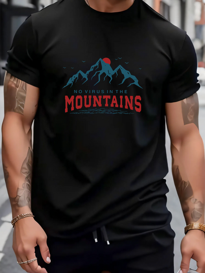 Men's Graphic T-Shirt Red Sun Over Blue Peaks Mountain Themed Mountains
