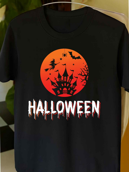 Men's Graphic T-Shirt Halloween Haunted Castle Under Orange Moon With Flying Bats And Bare Trees
