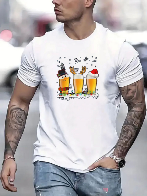 Men's Graphic T-Shirt Cartoon Holiday Hats On Glasses Of Chilled Beer