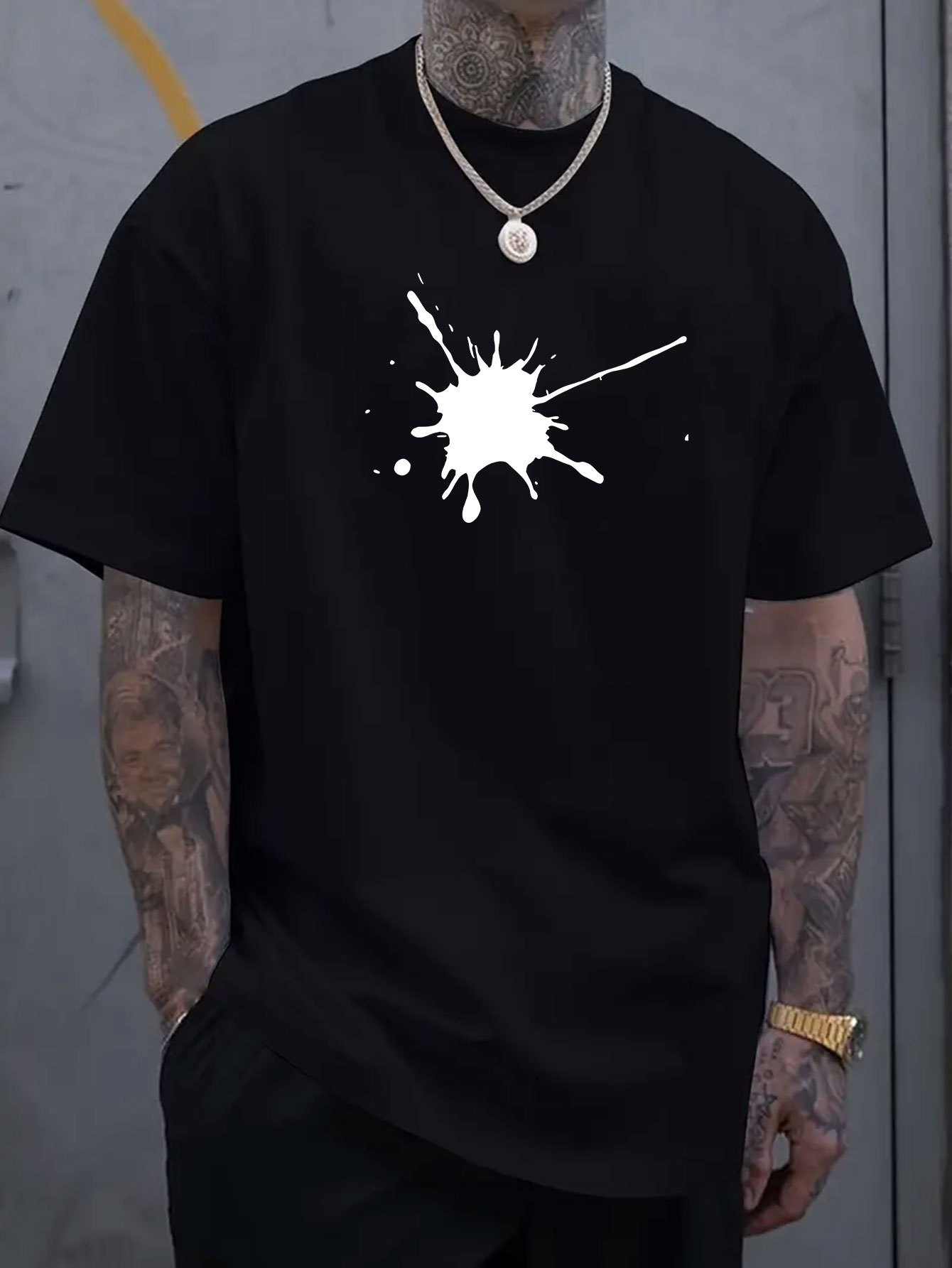 Men's Graphic T-Shirt Abstract White Paint Splash On Minimalist Black Shirt