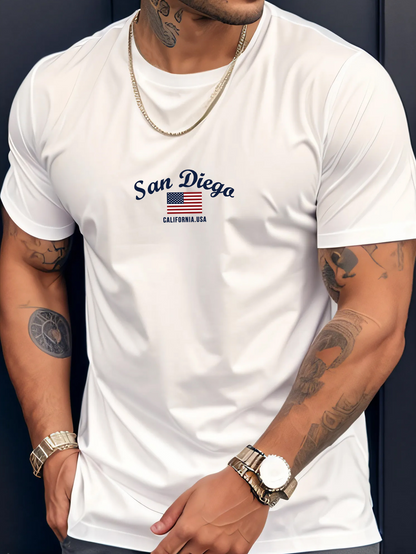 Men's Graphic T-Shirt San Diego Small American Flag Print With Clean White Minimalist T Shirt