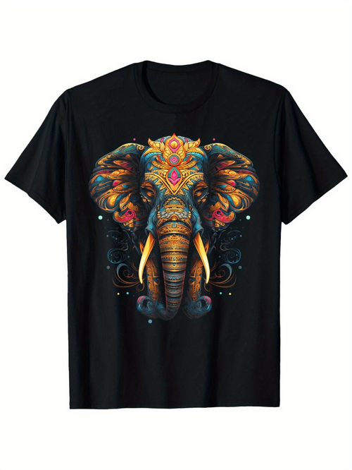 Men's Graphic T-Shirt Intricate Tribal Patterns With Colorful Swirls Embellishing Majestic Elephant Head