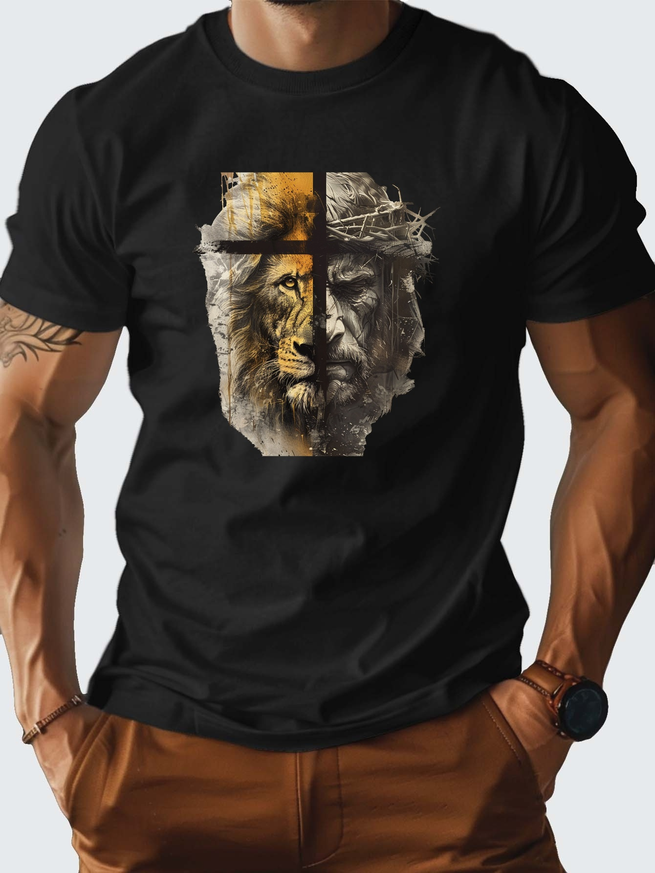 Men's Graphic T-Shirt Fierce Wild Lion With Weathered Face Portrait Fusion