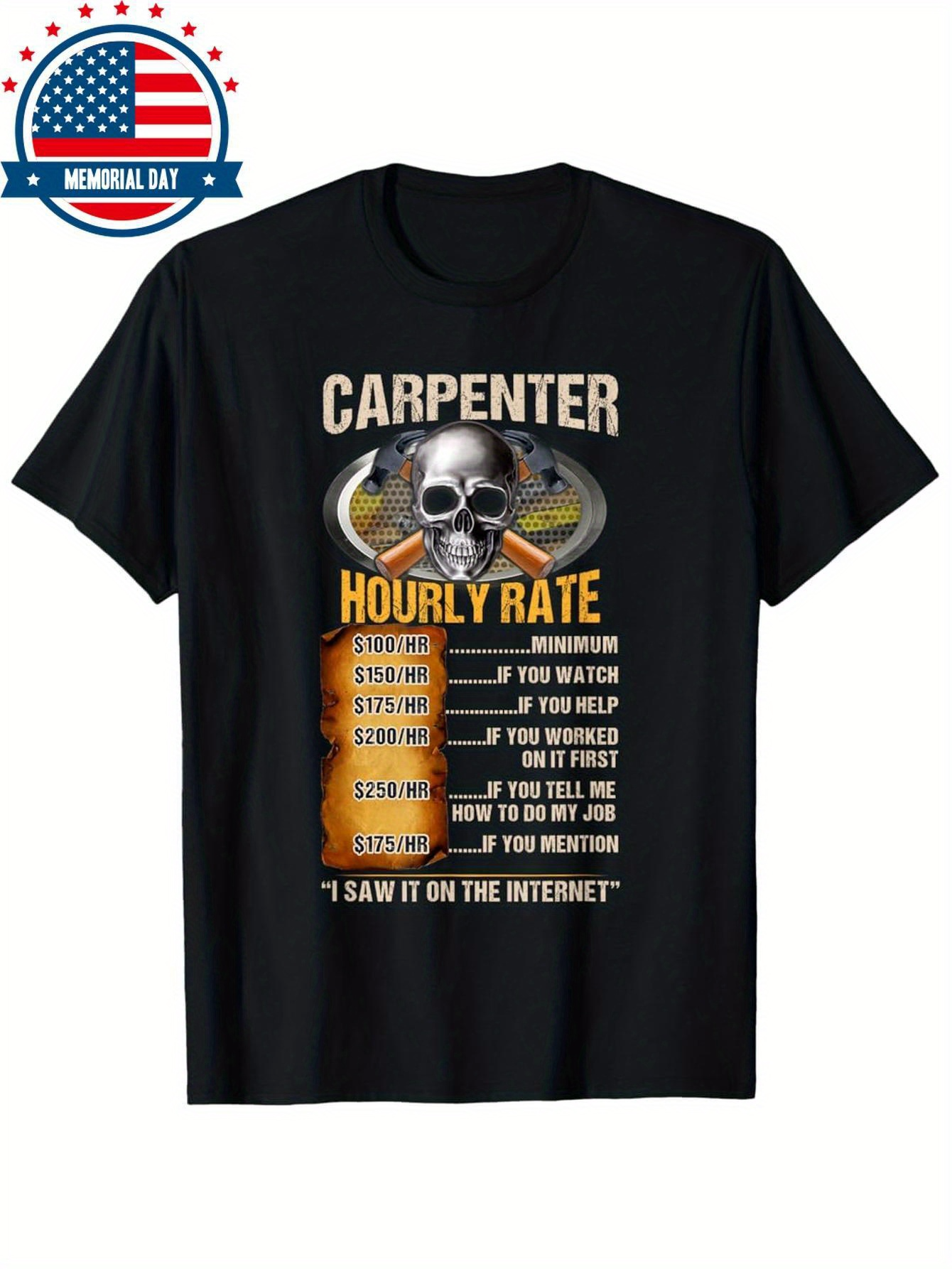 Men's Graphic T-Shirt Carpenter Hourly Rate With Skull Tools And Wooden Plank Surrounded By Text