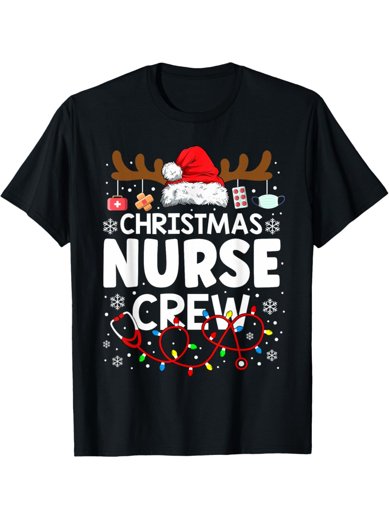 Men's Graphic T-Shirt Christmas Lights And Santa Hat With Nurse Crew