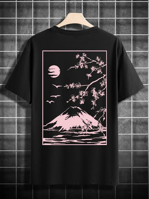 Men's Graphic T-Shirt Cherry Blossom Branches And Flying Birds Framing Snow Capped Mountain Night Scene