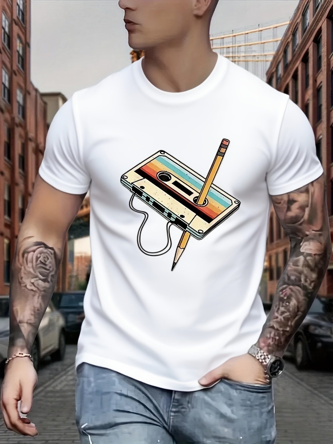 Men's Graphic T-Shirt Retro Colored Cassette With Pencil Drawing Tape Music Memory