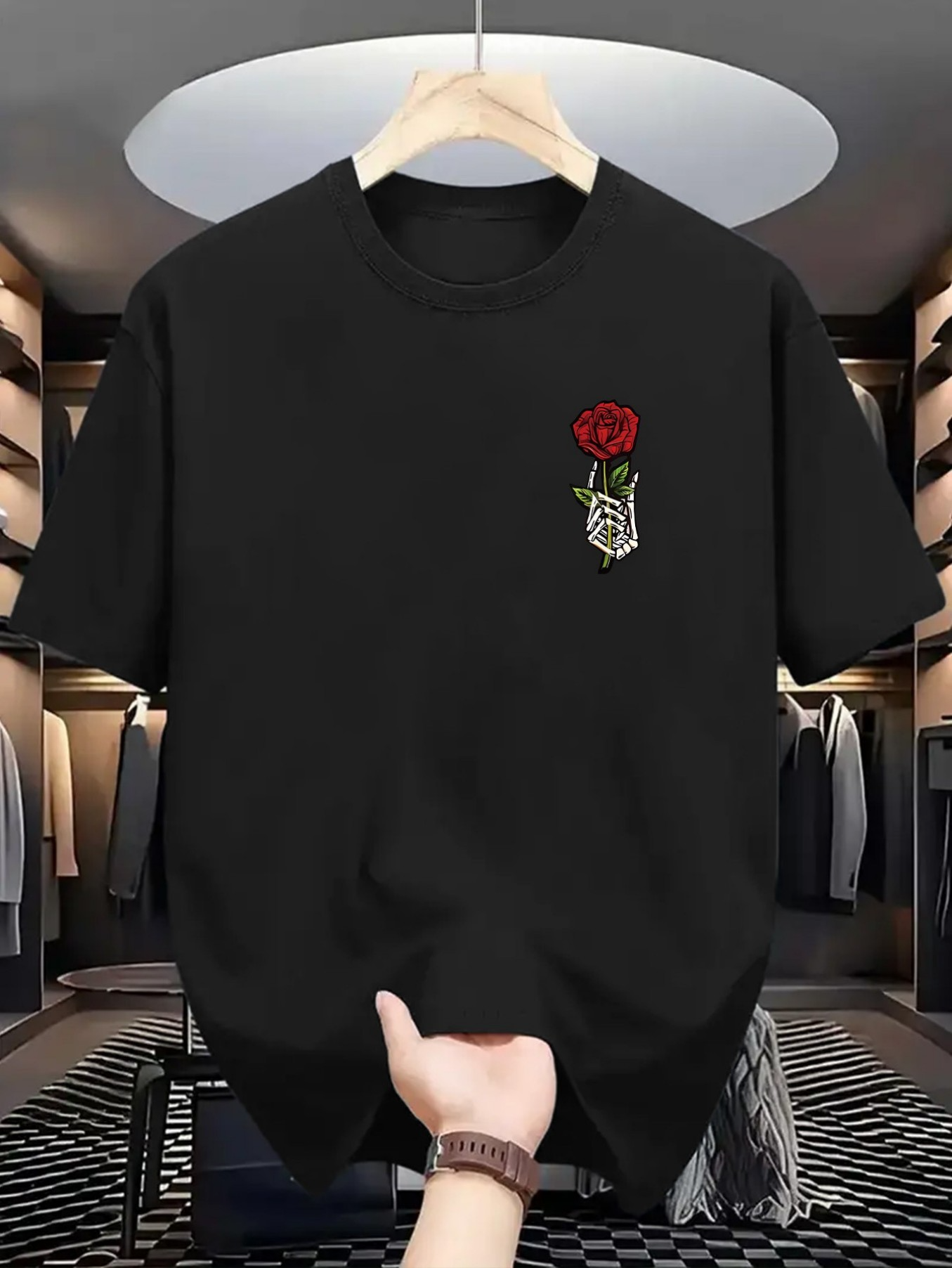 Men's Graphic T-Shirt Tiny Single Red Rose Embroidered On Simple Plain Cotton T Shirt