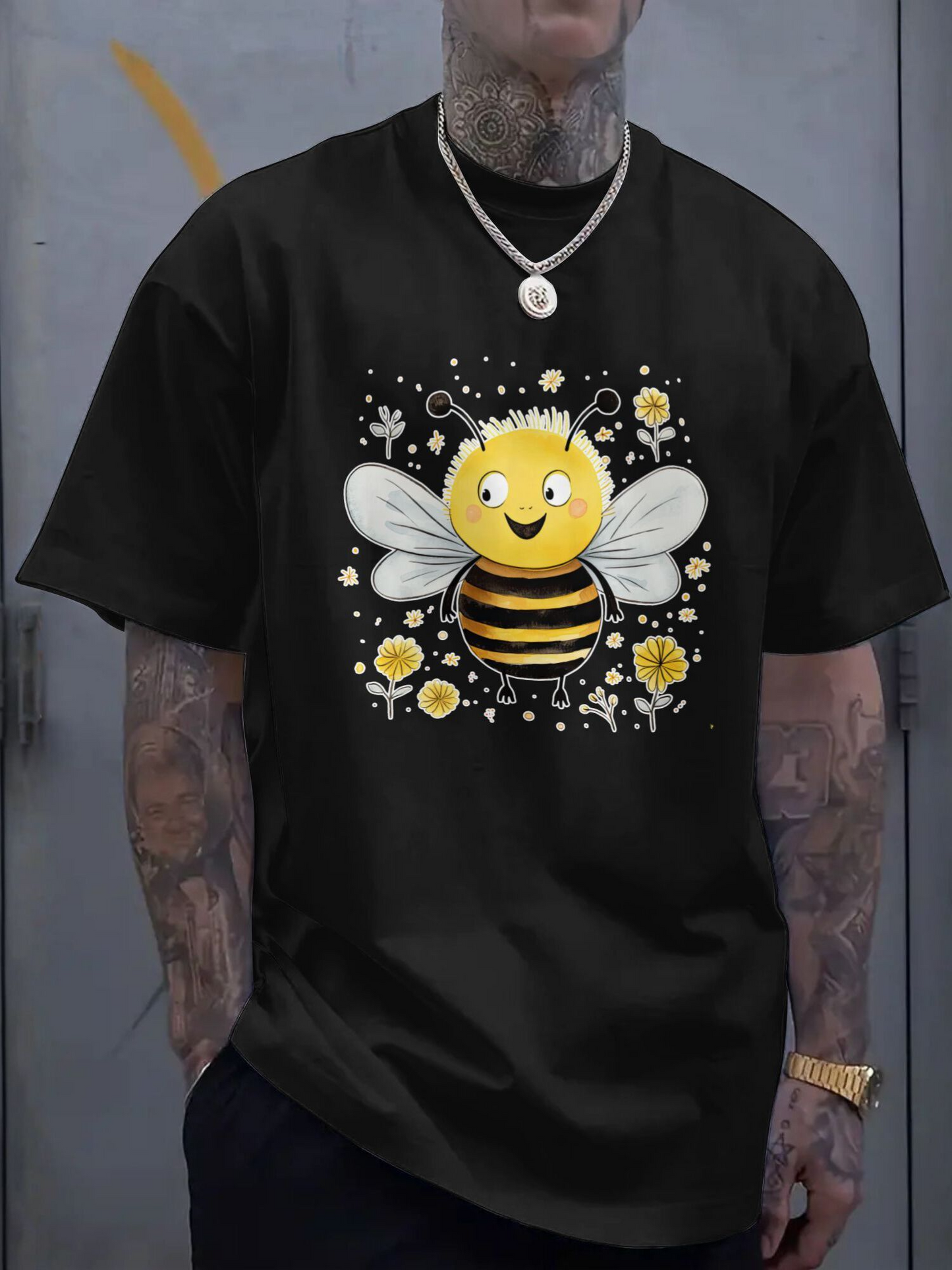 Men's Graphic T-Shirt Cartoon Flowers And Bubbles With Cheerful Smiling Bee
