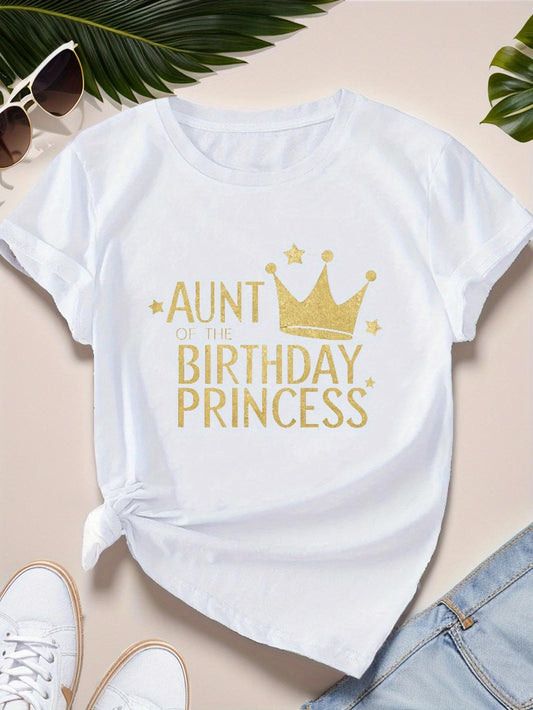 Women's Graphic T-Shirt Aunt Of The Birthday Princess With Gold Stars And Glittering Crown